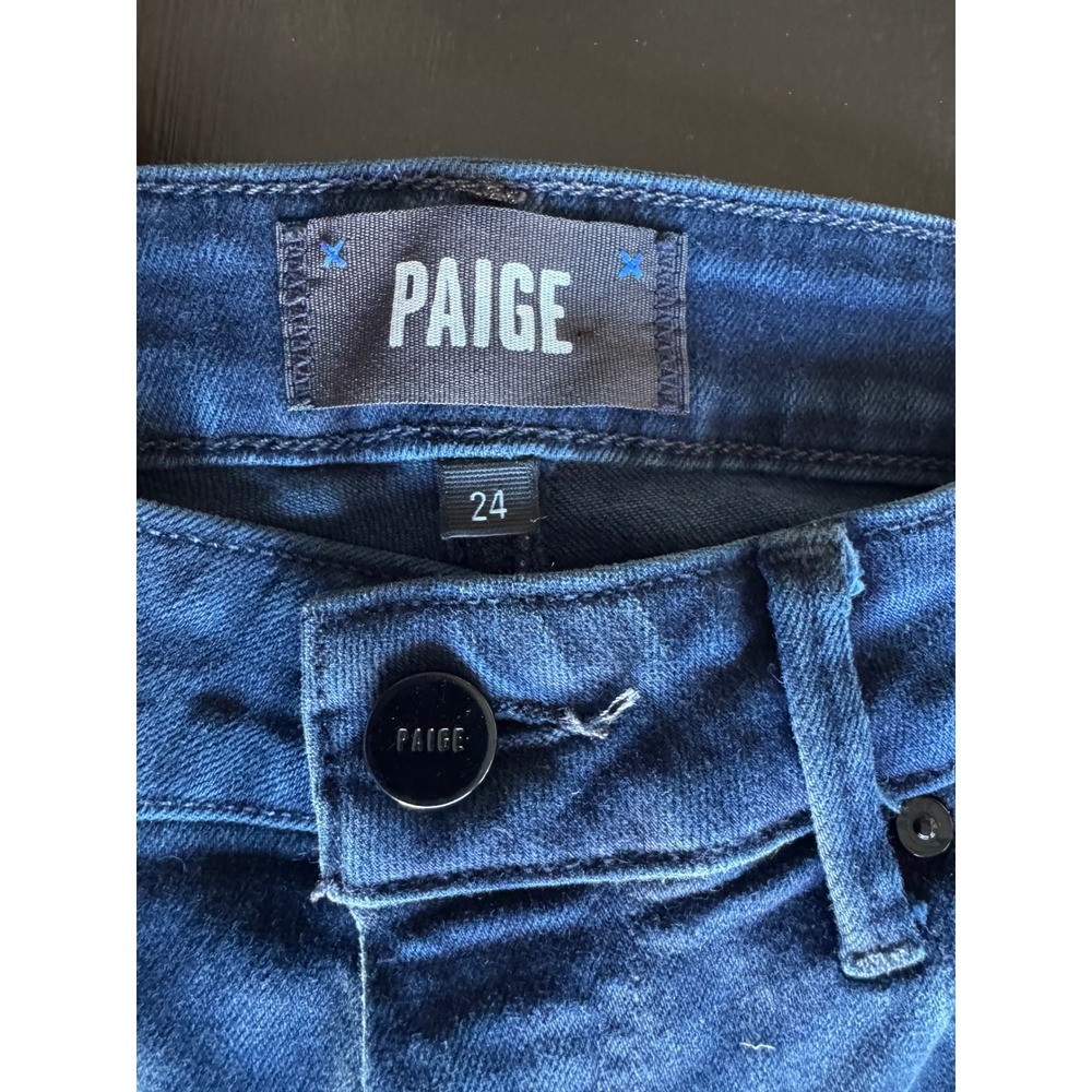 PAIGE Genevieve High Rise Flare Jeans Dark Indigo Raw Hem Size 24 - Picture 7 of 8